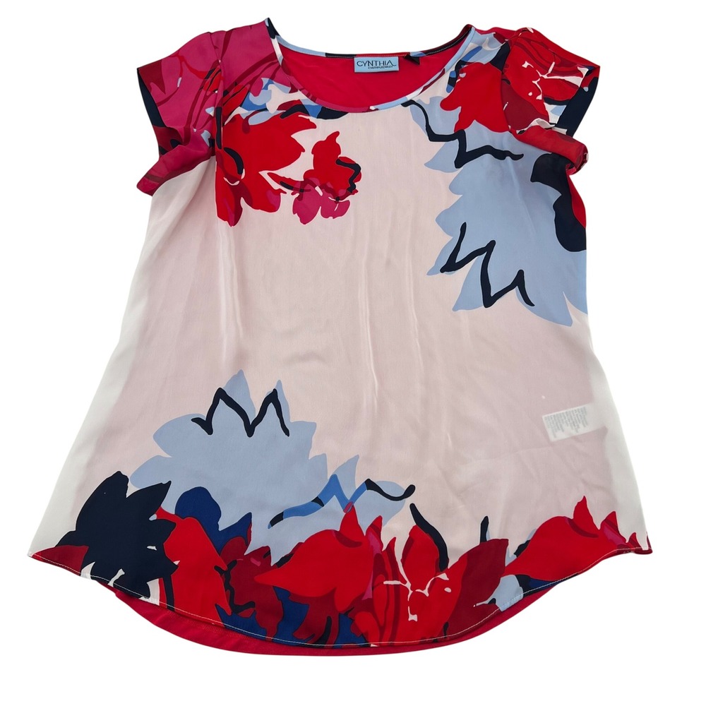 Cynthia Rowley Womens Floral Mixed Media Short Sleeve Blouse Red Blue White S